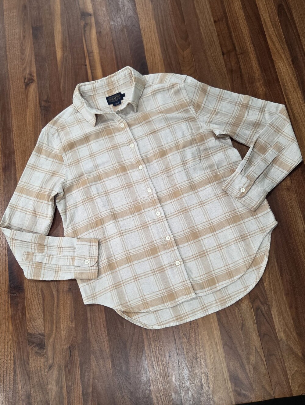 Pendleton Boyfriend Flannel Shirt Nuetral Plaid 100% Cotton Size Small Woman's